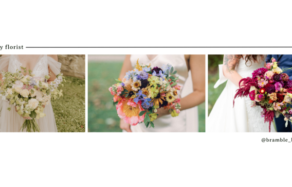 Floral Design Category Vendor bramble and blossom pgh header for eco-friendly wedding florist features three images, each of a bridal bouquet of flowers. The first image, on the left, is of a neutral colored bouquet, the center image is of a bright rainbow colored bouquet, and the third, on the right, is a dark, jewel toned bouquet.